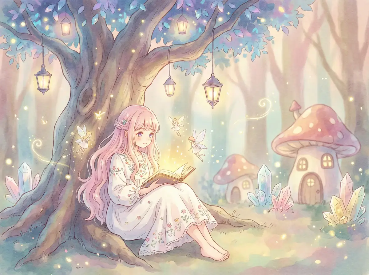 流星蝴蝶剑手游 - 魔法森林中阅读故事书的粉发少女与精灵